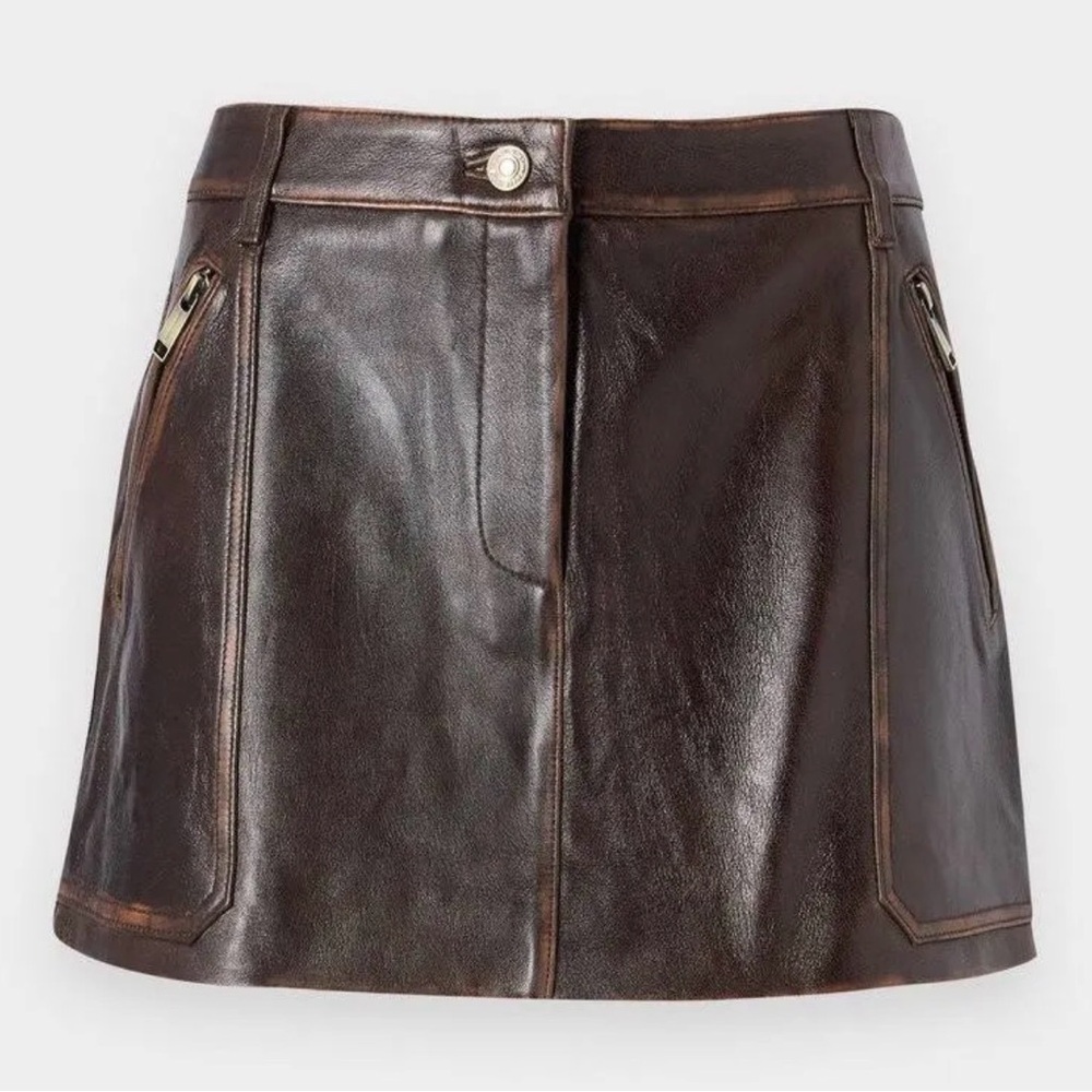 Michael Kors Dark Brown Leather A-Line Mini Skirt - Picture 2 of 9